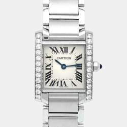 مملوكة مسبقًا Cartier Silver Stainless Steel Diamond Tank Francaise W4TA0008 Women's Wristwatch 20 mm