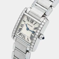 مملوكة مسبقًا Cartier Silver Stainless Steel Diamond Tank Francaise W4TA0008 Women's Wristwatch 20 mm