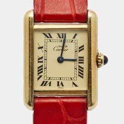 Pre Owned Cartier Vintage Cream Gold Plated Silver Leather Must de Cartier Tank Women's Wristwatch 20 mm
