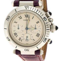 Pre Owned ساعة يد نسائية كارتييه مع سوار جلد تمساح باشا دو كارتييه 1050 ستانلس ستيل بيضاء 38 مم