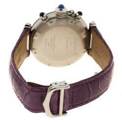 Pre Owned ساعة يد نسائية كارتييه مع سوار جلد تمساح باشا دو كارتييه 1050 ستانلس ستيل بيضاء 38 مم