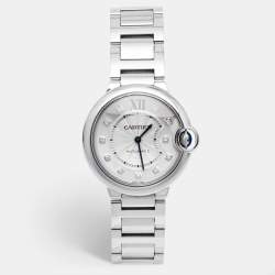 Pre Owned Cartier Silver Diamond Stainless Steel Ballon Bleu WE902075 Women's Wristwatch 36 mm