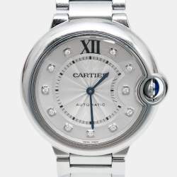 Pre Owned Cartier Silver Diamond Stainless Steel Ballon Bleu WE902075 Women's Wristwatch 36 mm
