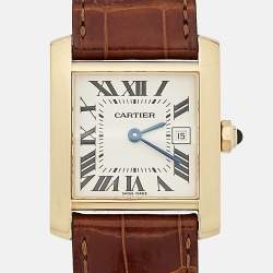 Pre Owned Cartier Cream 18K Yellow Gold Alligator Leather Tank Francaise W5001456 Women's Wristwtatch 25 mm