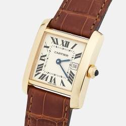 Pre Owned Cartier Cream 18K Yellow Gold Alligator Leather Tank Francaise W5001456 Women's Wristwtatch 25 mm