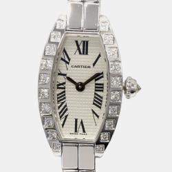 Cartier Silver 18k White Gold Diamond Mini Tonneau WJ2004W3 Quartz Women's Wristwatch 16 mm