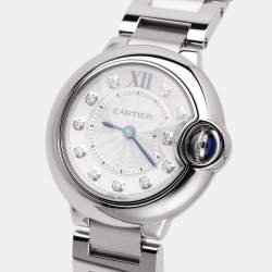 Pre Owned Cartier Silver Stainless Steel Diamond Ballon Bleu 3009 Women's Wristwatch 28 mm