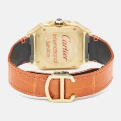 Pre Owned Cartier Silver 18k Yellow Gold Alligator Santos WJSA0008 Women's Wristwatch 35 mm