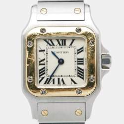 Pre Owned Cartier Cream 18k Yellow Gold Stainless Steel Santos de Cartier Galbée 3887 Women's Wristwatch 24 mm 