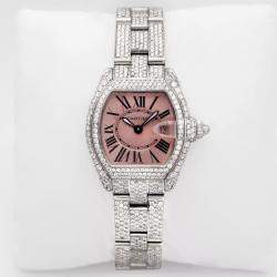 Cartier Customised Pink 11.75CT Diamond Stainless Steel Roadster 2675 Quartz Women's Wristwatch 31mm