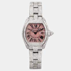 Cartier Customised Pink 11.75CT Diamond Stainless Steel Roadster 2675 Quartz Women's Wristwatch 31mm