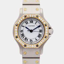Cartier Customised White 50CT Diamond Stainless Steel Santos Octagon 0907 Women's Wristwatch 25mm
