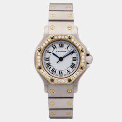 Cartier Customised White 50CT Diamond Stainless Steel Santos Octagon 0907 Women's Wristwatch 25mm