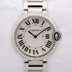 Cartier Customised Silver Diamond Stainless Steel Ballon Bleu 3005 Quartz Men's Wristwatch 36mm
