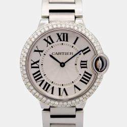 Cartier Customised Silver Diamond Stainless Steel Ballon Bleu 3005 Quartz Men's Wristwatch 36mm