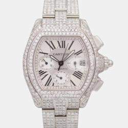 Cartier Customised White Diamond Stainless Steel Roadster 2618 Automatic Men's Wristwatch 40mm