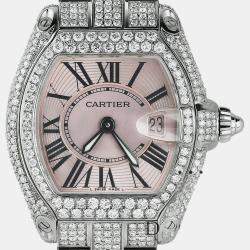 Cartier Customised Silver Diamond Stainless Steel Roadster W62016V3 Quartz Men's Wristwatch 36mm