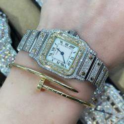 Cartier Customised White Diamond 18K Yellow Gold Santos W20012C4 Quartz Women's Wristwatch 24 MM