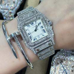 Cartier Customised White Diamond Stainless Steel Santos Galbee 98790 Quartz Women's Wristwatch 29mm