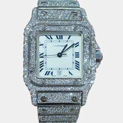 Cartier Customised White Diamond Stainless Steel Santos Galbee 98790 Quartz Women's Wristwatch 29mm