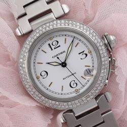 Cartier Customised White Diamond Stainless Steel Pasha 2324 Automatic Women's Wristwatch 35mm