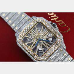 Cartier Customised Blue 32.00CT Diamond 18K Yellow Gold Stainless Steel Santos de Cartier 9611 Manual Winding Men's Wristwatch 39.8MM