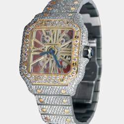 Cartier Customised Blue 32.00CT Diamond 18K Yellow Gold Stainless Steel Santos de Cartier 9611 Manual Winding Men's Wristwatch 39.8MM