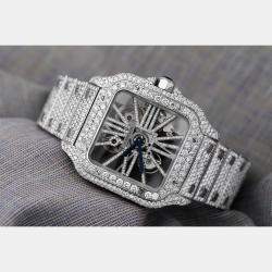 Cartier Customised Blue 32.00CT Diamond Stainless Steel Santos de Cartier 9611 Manual Winding Men's Wristwatch 39.8MM