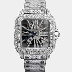 Cartier Customised Blue 32.00CT Diamond Stainless Steel Santos de Cartier 9611 Manual Winding Men's Wristwatch 39.8MM
