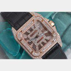 Cartier Customised Brown 12.00CT Diamond 18K Rose Gold Santos 100 2879 Automatic Women's Wristwatch 33mm