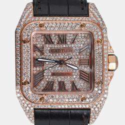 Cartier Customised Brown 12.00CT Diamond 18K Rose Gold Santos 100 2879 Automatic Women's Wristwatch 33mm