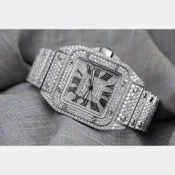 Cartier Customised Silver 29.00CT Diamond Stainless Steel Santos 100 W20073X8 Automatic Men's Wristwatch 41 MM
