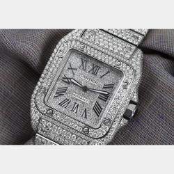 Cartier Customised Silver 29.00CT Diamond Stainless Steel Santos 100 W20073X8 Automatic Men's Wristwatch 41 MM