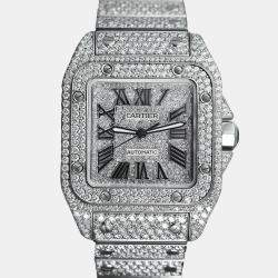 Cartier Customised Silver 29.00CT Diamond Stainless Steel Santos 100 W20073X8 Automatic Men's Wristwatch 41 MM
