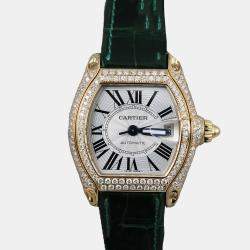 Cartier Customised Silver Diamond 18k Yellow Gold Roadster W62018Y5 Quartz Women's Wristwatch 31 mm
