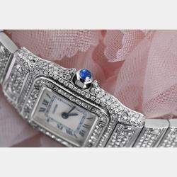 Cartier Customised White Diamond Stainless Steel Santos Galbee W20056D6 Quartz Women's Wristwatch 24 MM