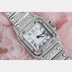 Cartier Customised White Diamond Stainless Steel Santos Galbee W20056D6 Quartz Women's Wristwatch 24 MM