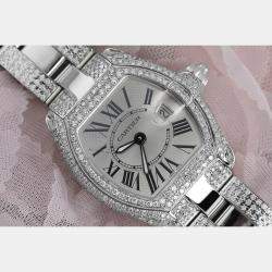Cartier Customised Silver Diamond Stainless Steel Roadster W62016V3 Quartz Women's Wristwatch 30 mm