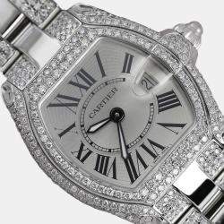 Cartier Customised Silver Diamond Stainless Steel Roadster W62016V3 Quartz Women's Wristwatch 30 mm