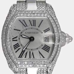 Cartier Customised Silver Diamond Stainless Steel Roadster W62016V3 Quartz Women's Wristwatch 30 mm