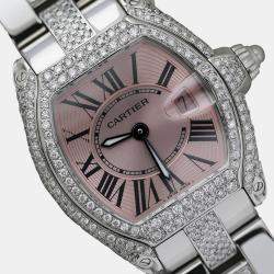Cartier Customised Pink Diamond Stainless Steel Roadster W62016V3 Quartz Women's Wristwatch 36
mm