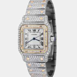Cartier Customised White Diamond 18K Yellow Gold Santos W20012C4 Quartz Women's Wristwatch 24 MM