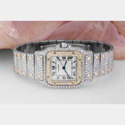 Cartier Customised White Diamond 18K Yellow Gold Santos W20012C4 Quartz Women's Wristwatch 24 MM