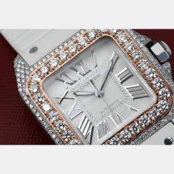 Cartier Customised White 12.00CT Diamond 18K Rose Gold Santos 100 Automatic Women's Wristwatch 33mm