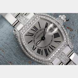 Cartier Customised Silver Diamond Stainless Steel Roadster W62016V3 Quartz Women's Wristwatch 30 mm