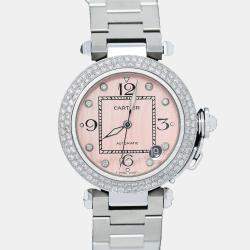 Cartier Customised Blue Diamond Stainless Steel Pasha 2324 Automatic Women's Wristwatch 35mm