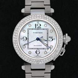 Cartier Customised Blue MOP Diamond Stainless Steel Pasha 2324 Automatic Women's Wristwatch 35mm