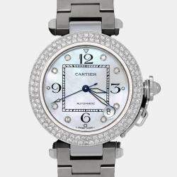 Cartier Customised Blue MOP Diamond Stainless Steel Pasha 2324 Automatic Women's Wristwatch 35mm