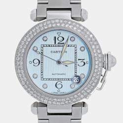 Cartier Customised Blue Diamond Stainless Steel Pasha 2324 Automatic Women's Wristwatch 35mm