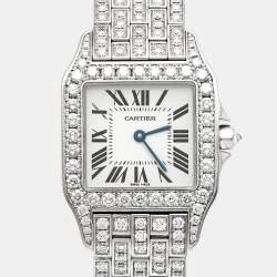 Cartier Silver 18k White Gold Diamond Santos Demoiselle WF9010YA Women's Wristwatch 26 mm